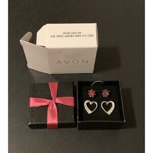 AVON Red CZ Heart Stud Set in Gift Box Silvertone In Original Box